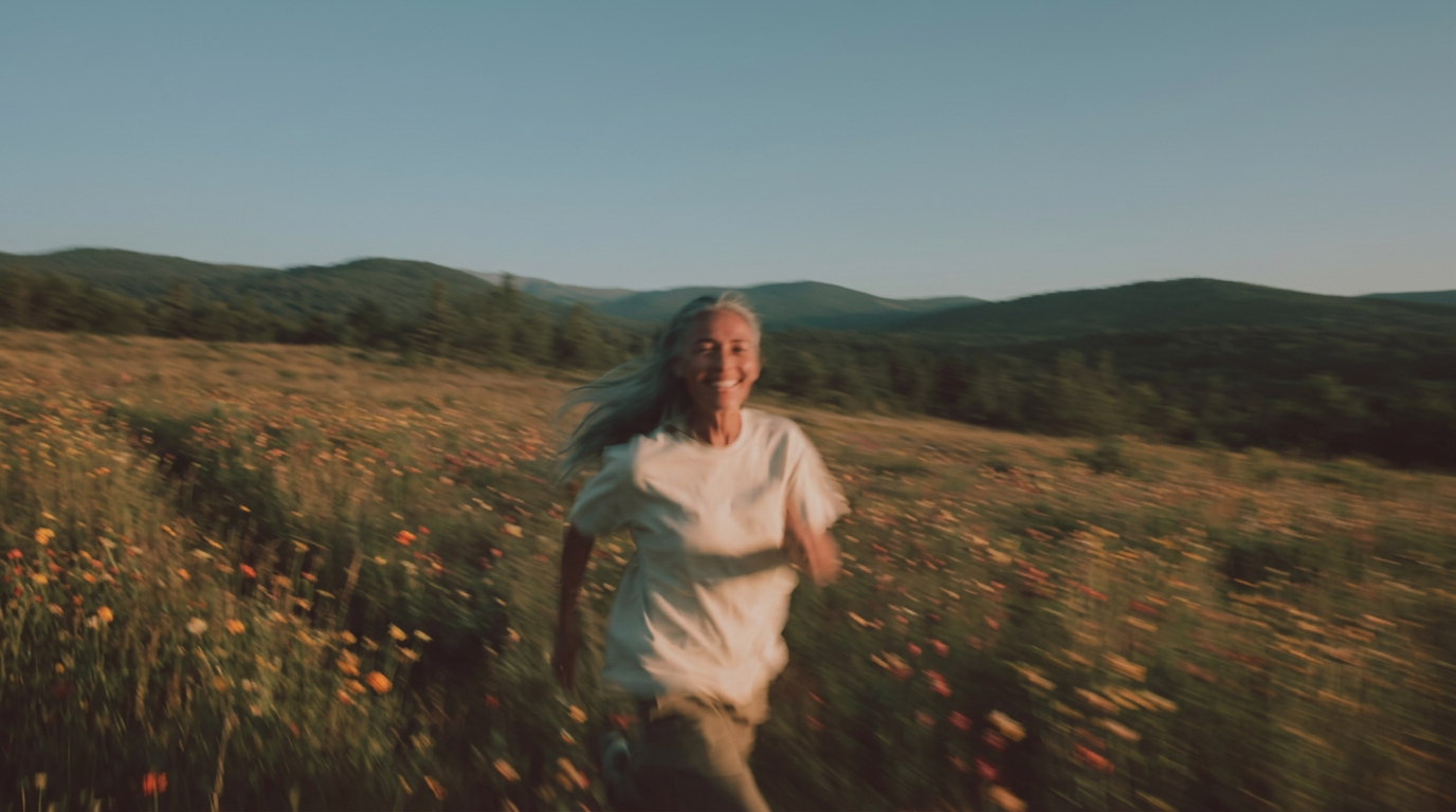 A woman running through a field of wildflowers at golden hour
