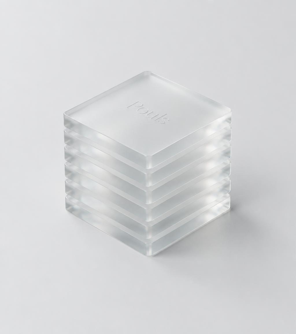 A frosted glass cube stacked from layered trays, embossed with Lucius